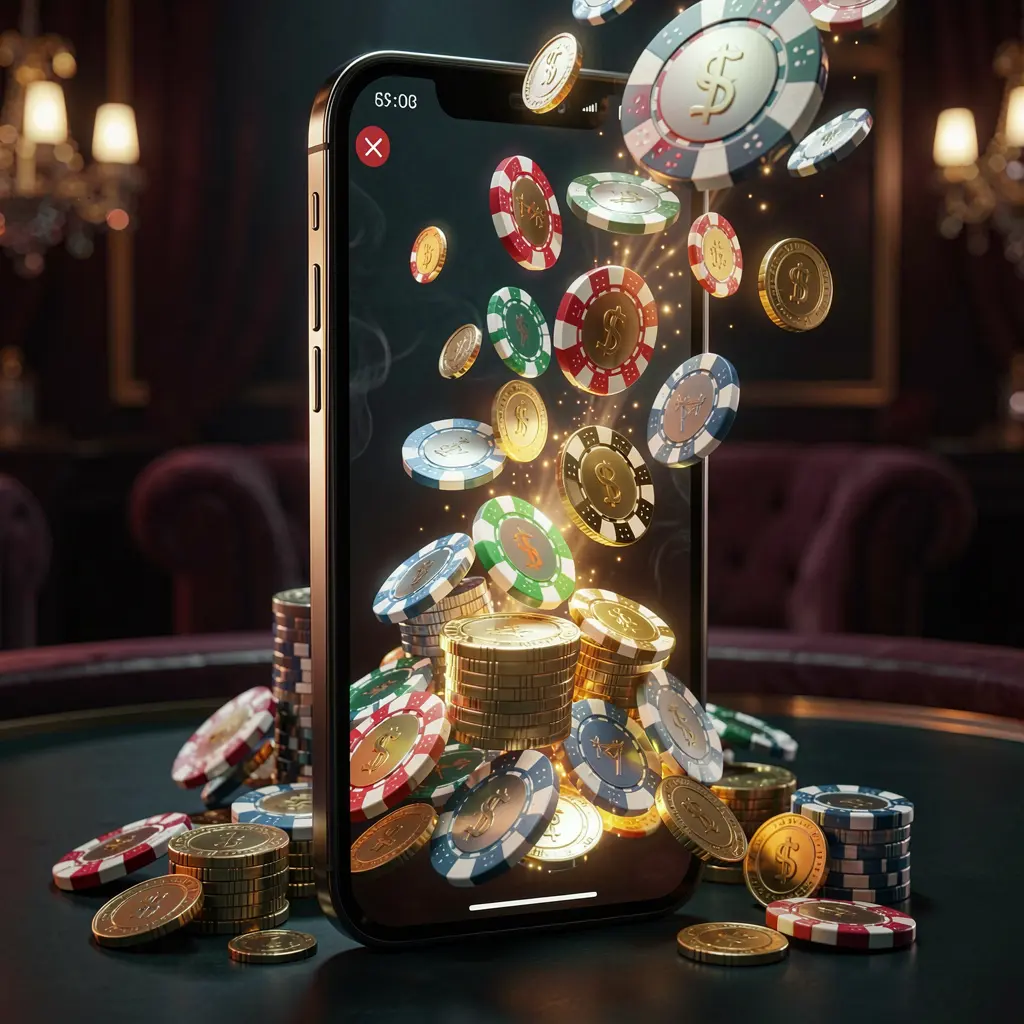 NKJILI online gaming app displayed on a smartphone screen with glowing casino chips and coins emerging, set against a luxury dark background with cinematic lighting in a high detail 3D render
