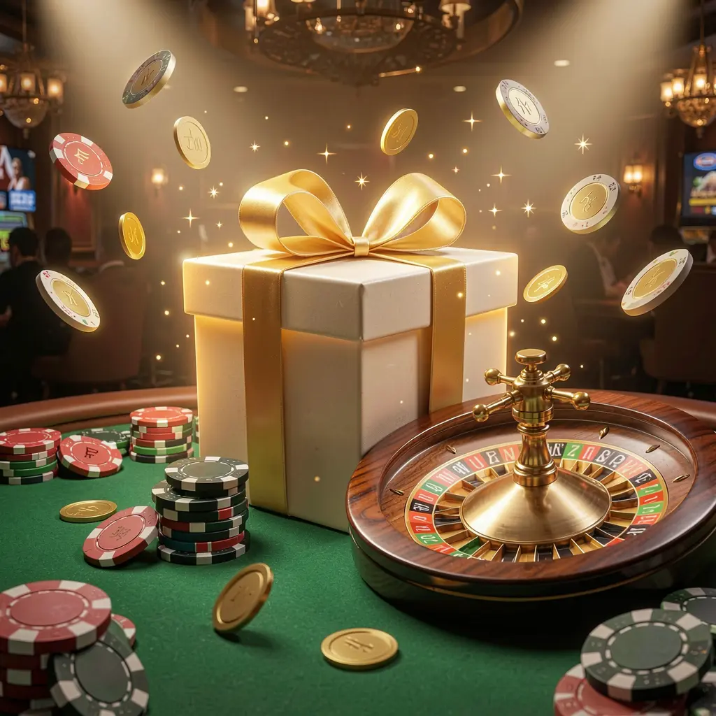 NKJILI welcome bonus visual featuring a glowing gift box, roulette wheel, poker chips, and flying coins in a festive casino atmosphere with cinematic lighting and high detail