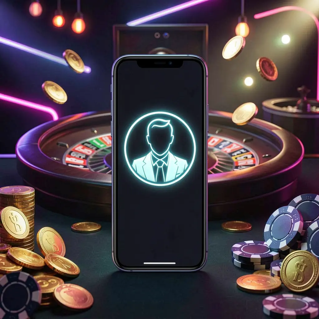 NKJILI online casino login hero image featuring a modern phone with a glowing profile icon, roulette lights in the background, golden coins and poker chips in a premium dark neon atmosphere