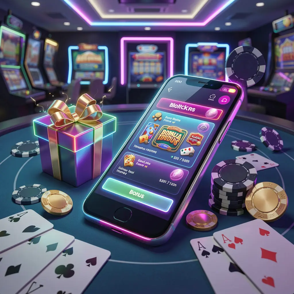 NKJILI modern casino website hero scene featuring a smartphone with glowing interface surrounded by a bonus gift box, chips, coins, and playing cards in a premium neon casino style
